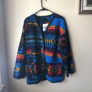 NY 10018 Vintage Aztec Bohemian Print Fleece Blanket Cardigan Size Medium EUC